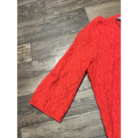 Chicos Red Semi Sheer Textured Red Blouse Size 2 Large Pullover Geometric - Picture 3 of 5